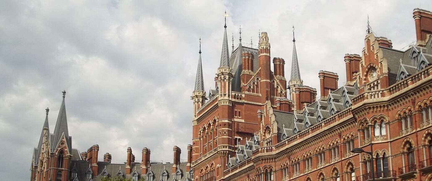 The red-brick Gothic facade of the St Pancras Renaissance hotel in London
